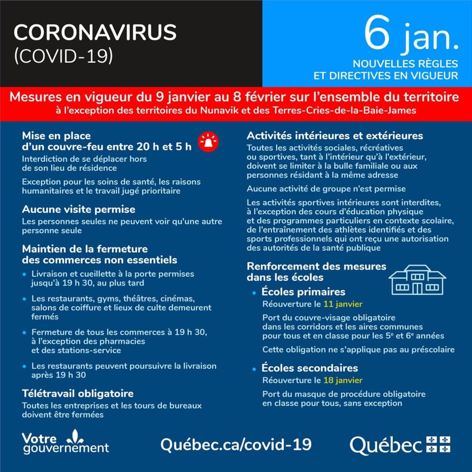 6 JANVIER 2021 – MISE À JOUR DES GOUVERNEMENTS FÉDÉRAL ET PROVINCIAL FACE À LA PANDÉMIE DE LA COVID-19